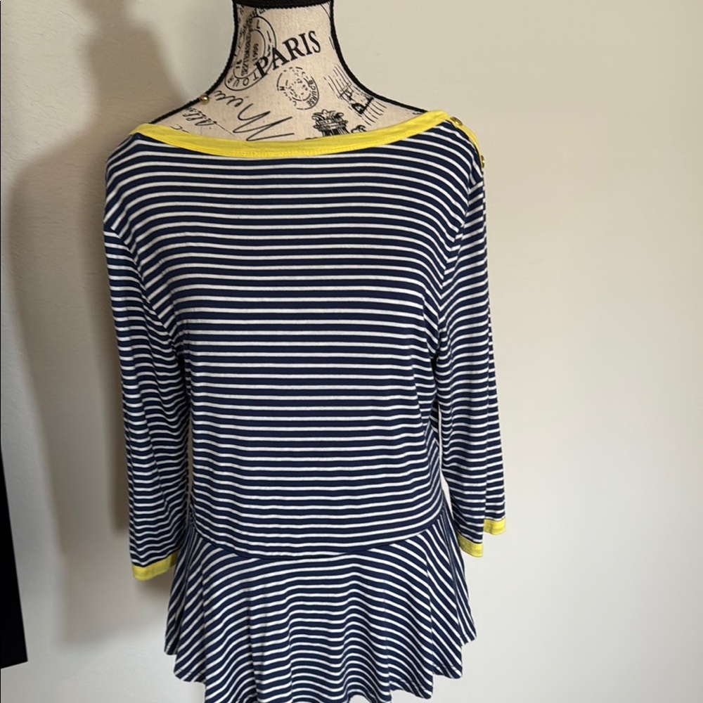 Bobeau Fitted Peplum Blouse Blue and White 3/4 Sleeve